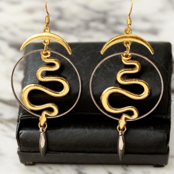 Chic Black, Gold, and Silver Toned Boho Snake Earrings Witchy - Picture 3 of 16